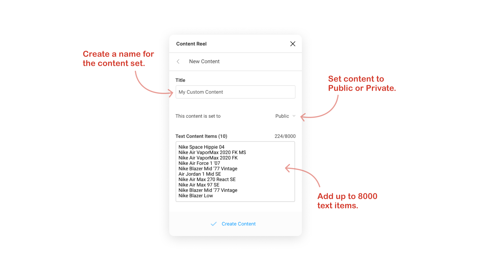 Example of creating custom content in Content Reel.