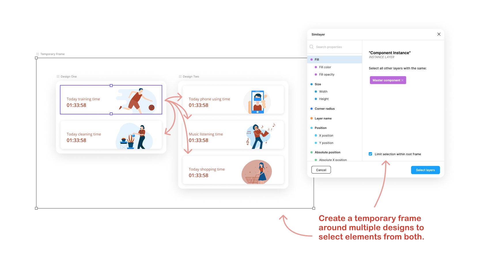 Example of selecting elements from within multiple root frames with Similayer