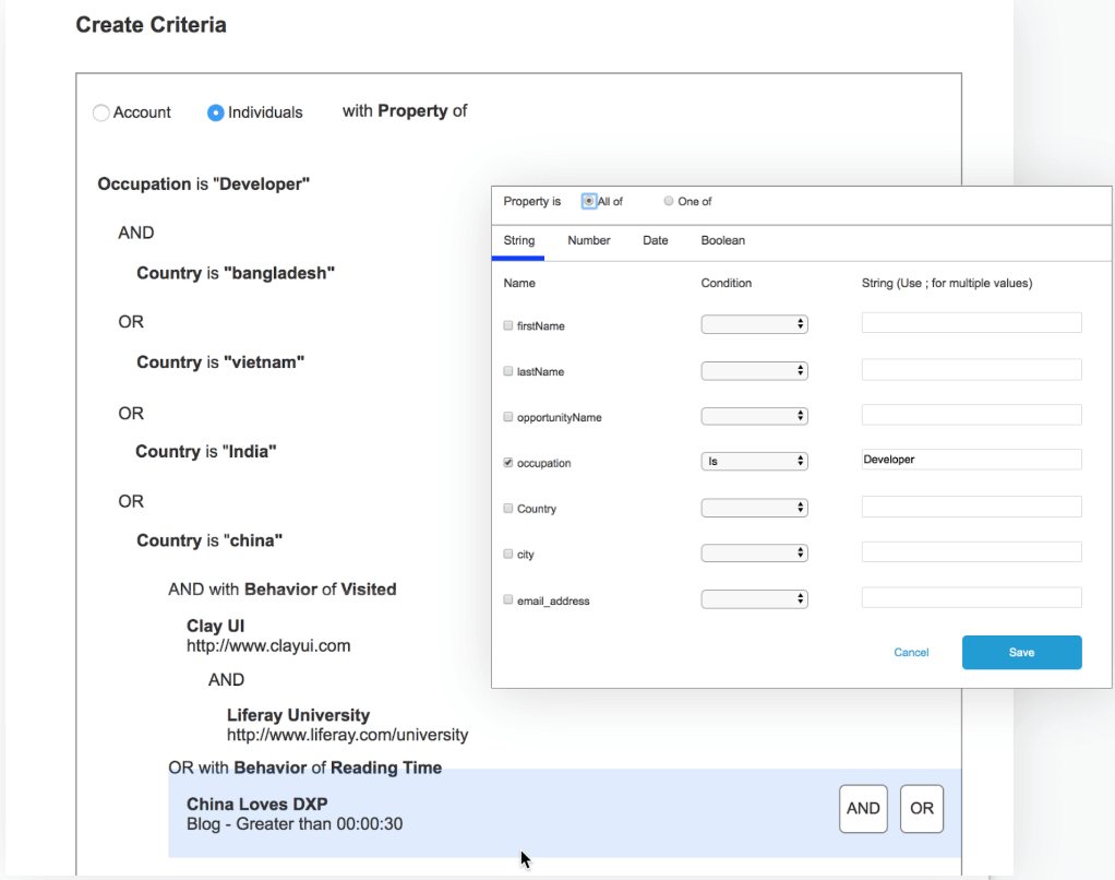 Prototype A allowed users to select multiple criteria and values in a modal. We also tested the concept of nesting, we gathered positive feedback around this feature as well as multi-select and multi-value inputs. And/or operators were hard to understand when presented as “All of/One of” and nesting organization needed some work.