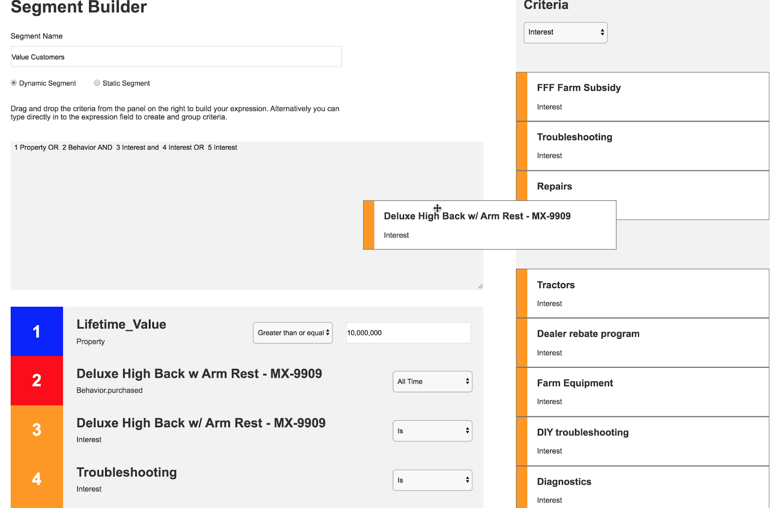 Prototype B had drag and drop, exposed criteria, and a pseudo-query building capabilities. People enjoyed the drag and drop feature and contextual criteria because it enabled them to get their task done quickly and easily. Our hypothesized combination of query and drag and drop did not provide more value to our users.