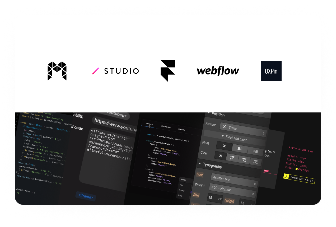 Logos and screenshots showing the code behind tools developed by companies like Modulz, Studio.Design, FramerX, and others.