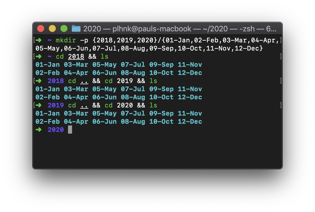 A screenshot of a terminal window showing the commands and output of a folder creation script.
