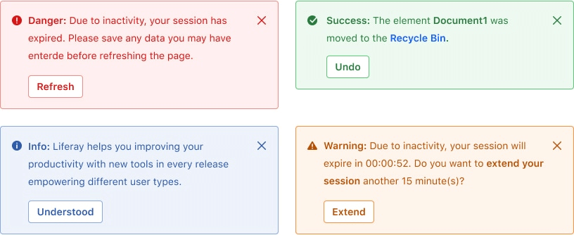 toast alert examples for each type with a button