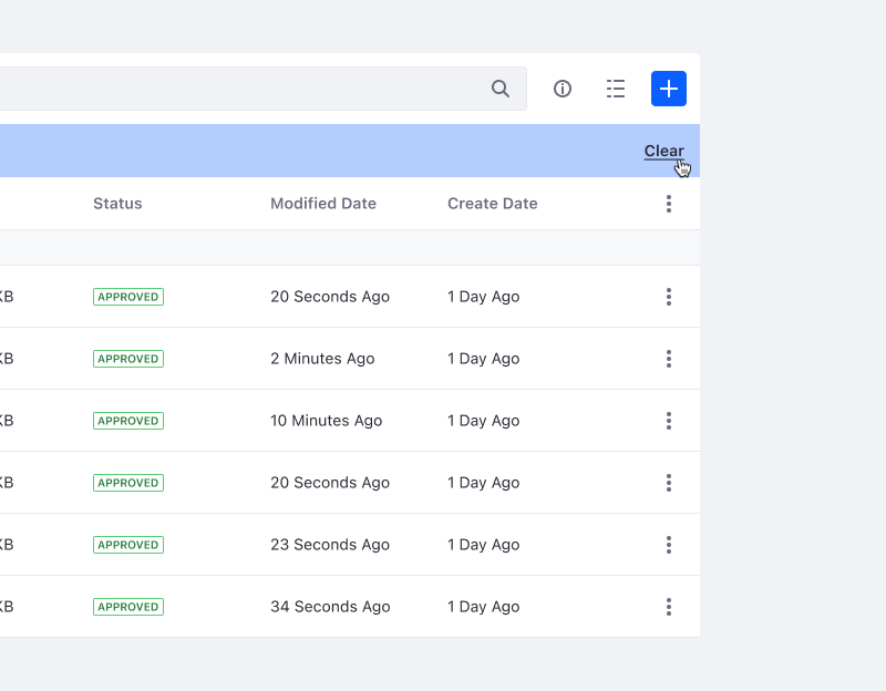 Results bar with filters applied displays Clear action to the right of the bar