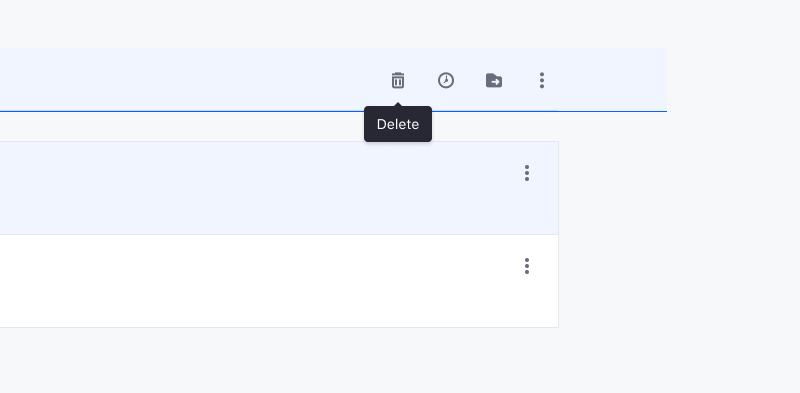 Secondary state of management toolbar displays bulk actions. Delete appears as the first one from the left side