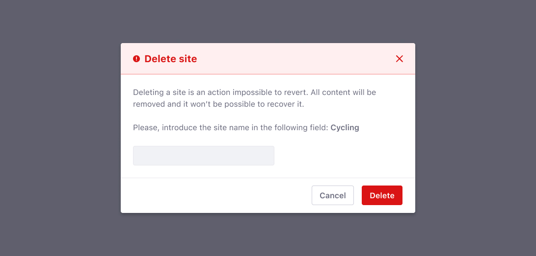 Danger modal that requests typing a confirmation to delete the entity
