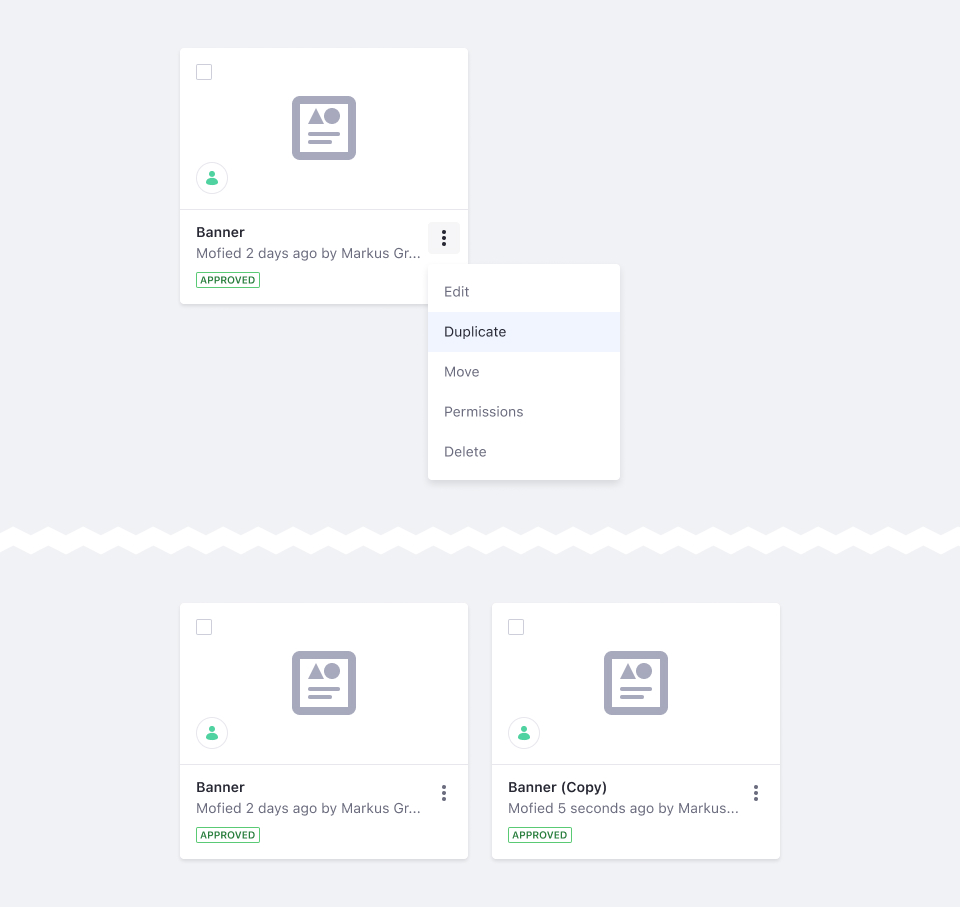 An asset is going to be duplicated in the same folder. The duplicated asset title reads Name (Copy)