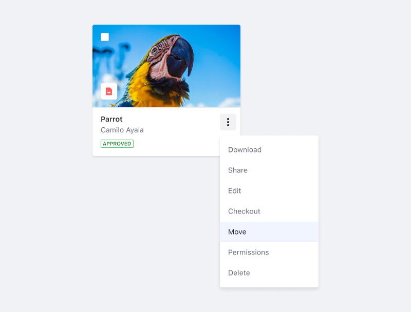 Image card where one of the actions is Move
