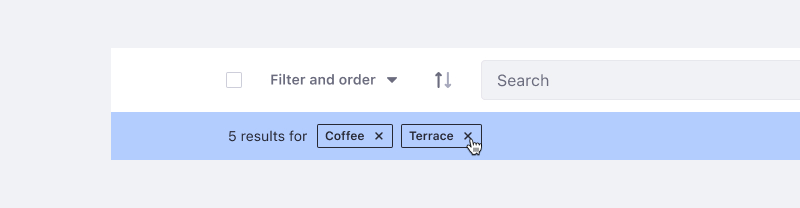 Results bar below the management toolbar where applied fiters appear. The icon in the label that represents the applied filter is times