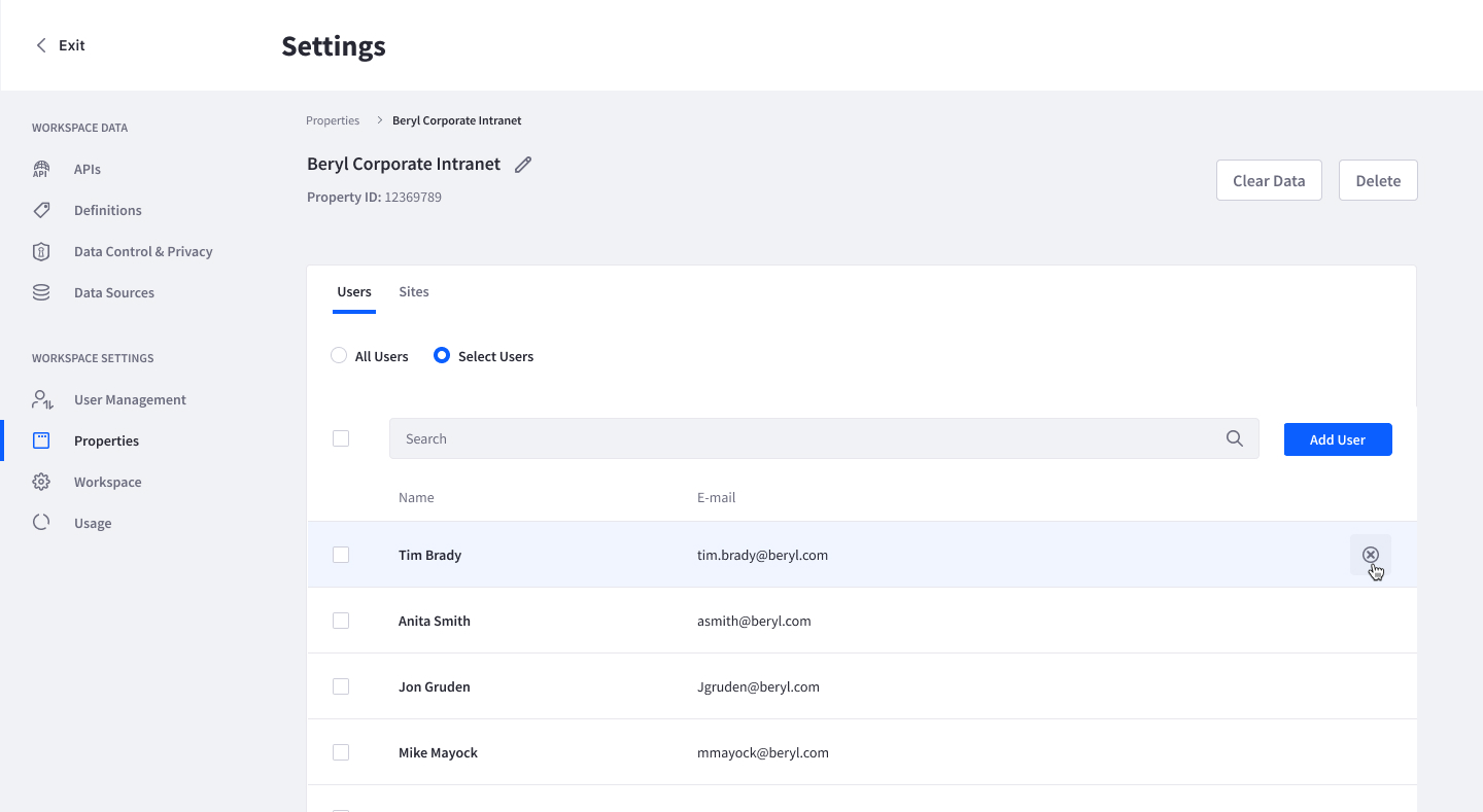 Mouse hovering the remove action, times circle icon, in a list