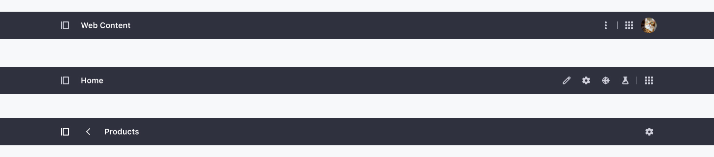 Control Menu dark mode variations, in order: default, site and page editor