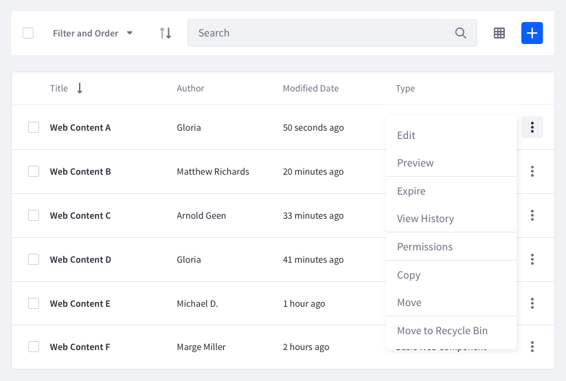individual actions displayed both in management bar and from actions menu