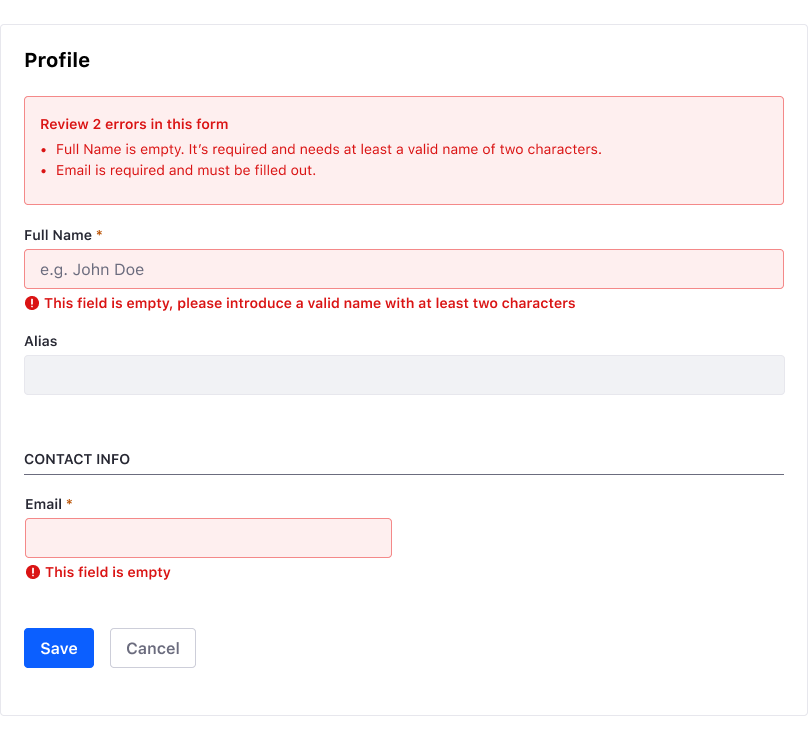 A form with an error summary on top describing the errors below