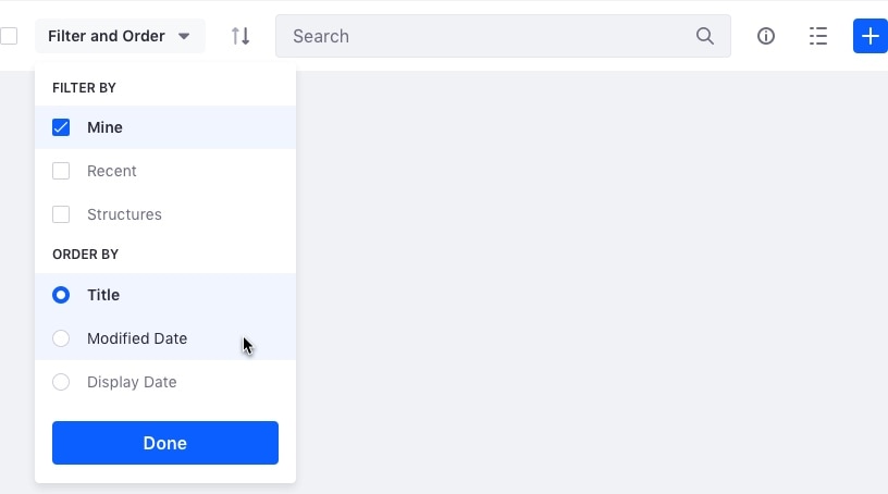 dropdown menu displayed from filter and order dropdown button to filter and sort
