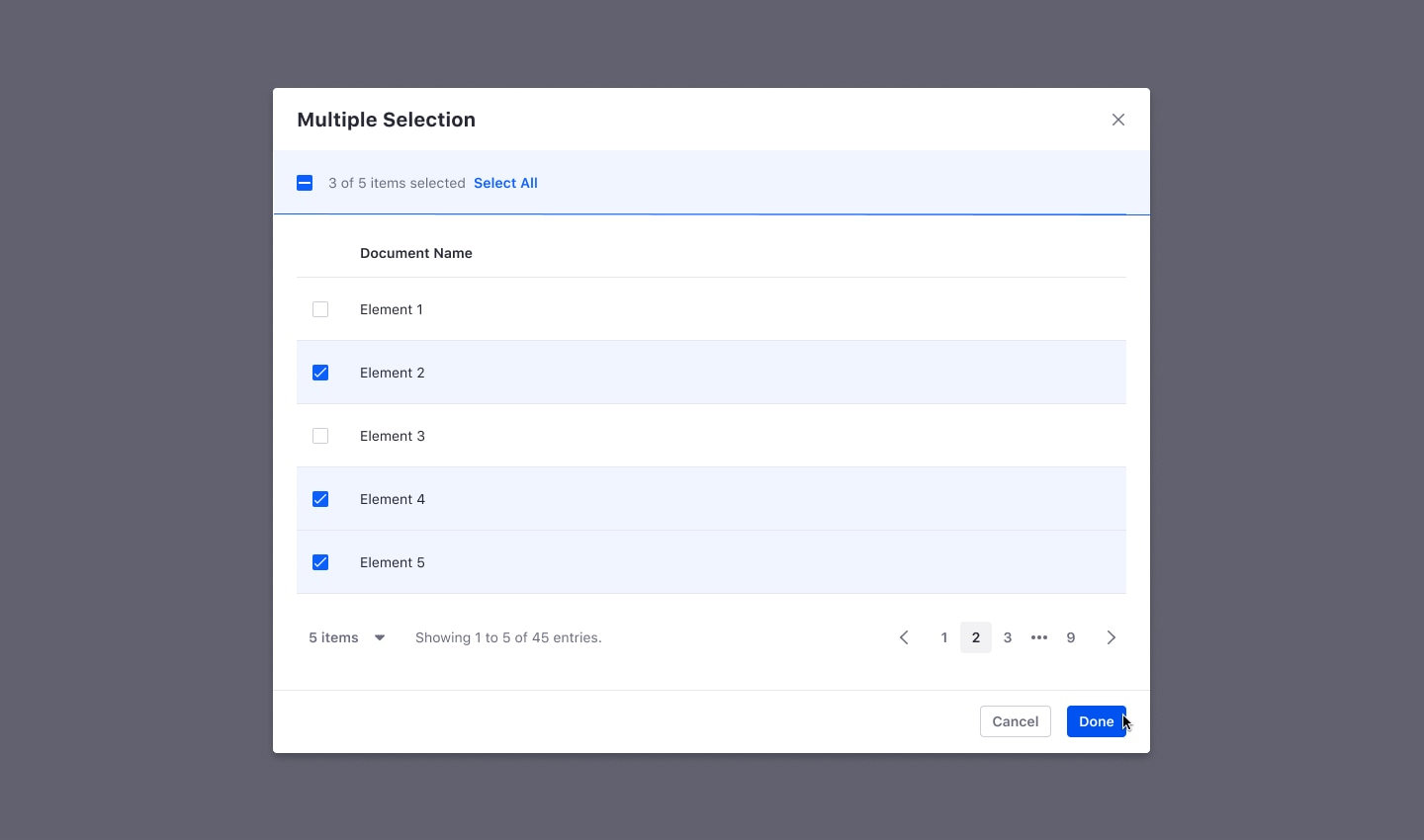 multiple selection from a table inside a modal is done by selecting elements and clicking in Done button to complete the selection