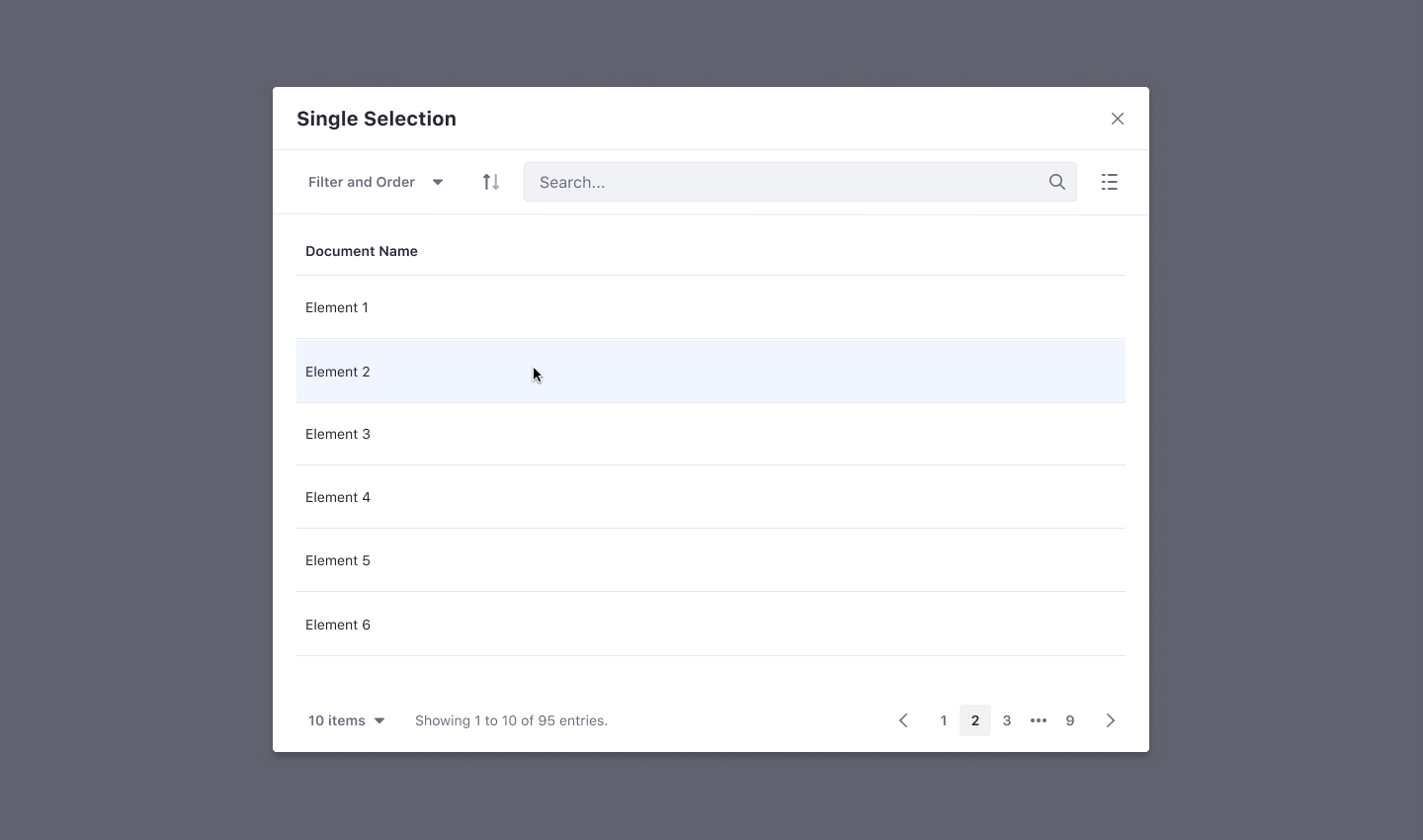 single selection from a table inside a modal is done by selecting the element directly