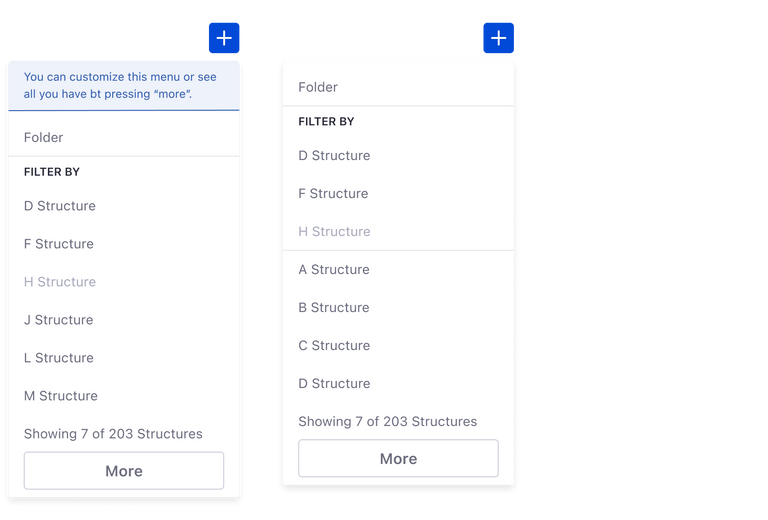 dropdown menu actions in plus button with favorites configuration
