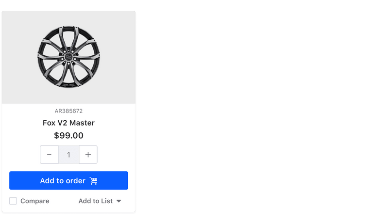 A product card showing a rim with compare and add to list actions