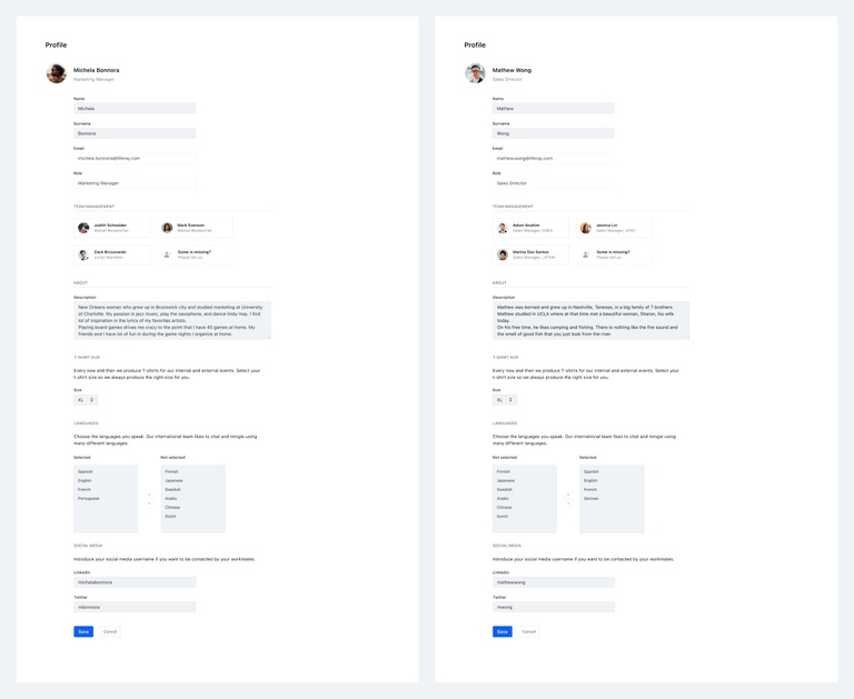 Test environment. Figma interactive mockups. Version 1 - environment A (left), Version 2 -environment B (right)